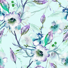 Floral Seamless Pattern. Watercolor Background with Hand Painted Apple Tree Branches. 
