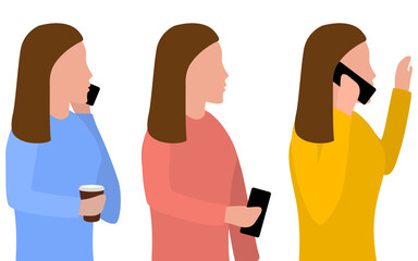 Woman with a phone in her hand, talking on the phone. Set of vector illustrations on the theme of mobile communications, flat design