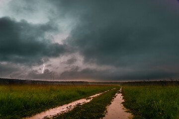 Night thunderstorm in fields of Central Russia	
