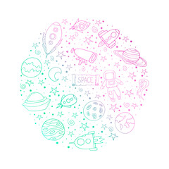 Set with spaceships, planets, and stars. Isolated elements for scientific posters. Space.Doodle style. Vector isolated illustration with spaceships, rockets, Mars, Earth, stars on a white background.