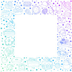 Set of sweets. Vector isolated illustration with cakes, cupcakes, sweets. Design of ads, websites, and banners. An isolated element. Doodle style. Cakes, cupcakes