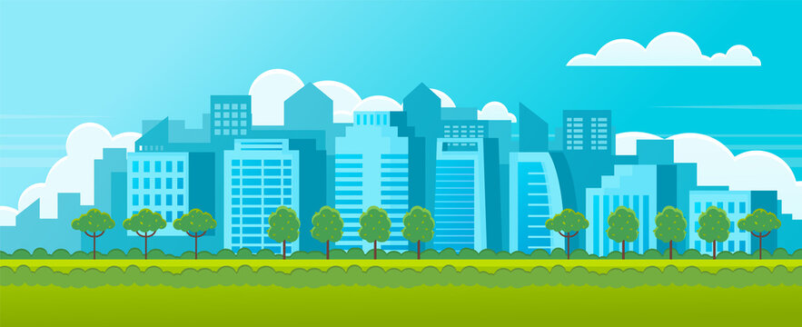 Horizontal banner or poster citylandscape with green park. Trees and bushes, green meadow. Urban architecture. city background. City view at office buildings, sky with clouds. Vector illustration