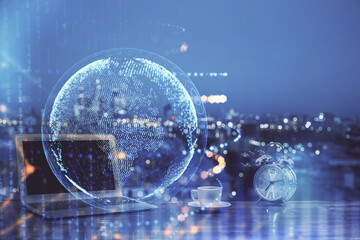 Multi exposure of table with computer and world map hologram. International data network concept.