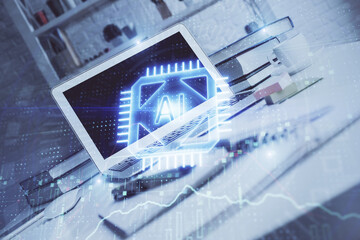 Fototapeta premium Technology theme drawing and work space with computer. Double exposure. Concept of innovation.