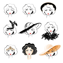 Girl face with red lips in retro style. Fashion 1920. Set of vector illustrations.