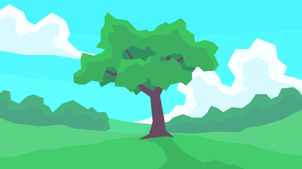 vector illustration, abstract polygon landscape, lonely tree, plain, field, cloud, forest at the day