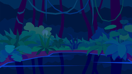 vector illustration, abstract polygon night landscape, lake, reflection, jungle, dense, thicket, fern, vine, tree, forest
