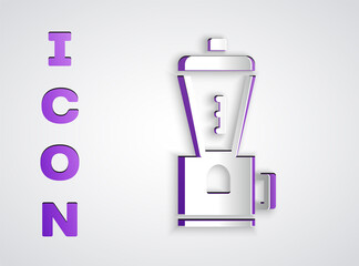 Paper cut Electric coffee grinder icon isolated on grey background. Paper art style. Vector Illustration.