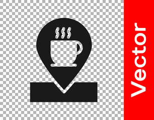Black Location with coffee cup icon isolated on transparent background. Vector Illustration.