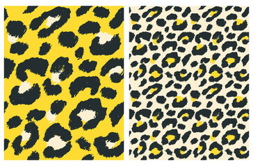 Cute Abstract Wild Animal Skin Vector Pattern. Black Brush Irregular Spots Isolated on a Cream and Yellow Backgrounds. Leopard Skin Vector Print. Simple Wild Cat Fur Backdrop.