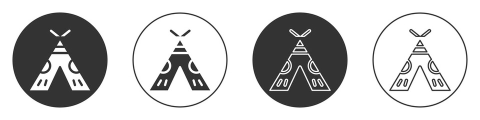 Black Traditional indian teepee or wigwam icon isolated on white background. Indian tent. Circle button. Vector Illustration. © Kostiantyn