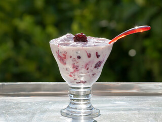 Bowl of berry yogurt on green background
