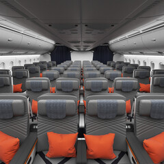 3D render of Premium Economy Cabin with safe comfortable seats for travelling on a passenger airplane