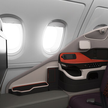 3D render of Business Class Cabin with safe comfortable seats for travelling on a passenger airplane