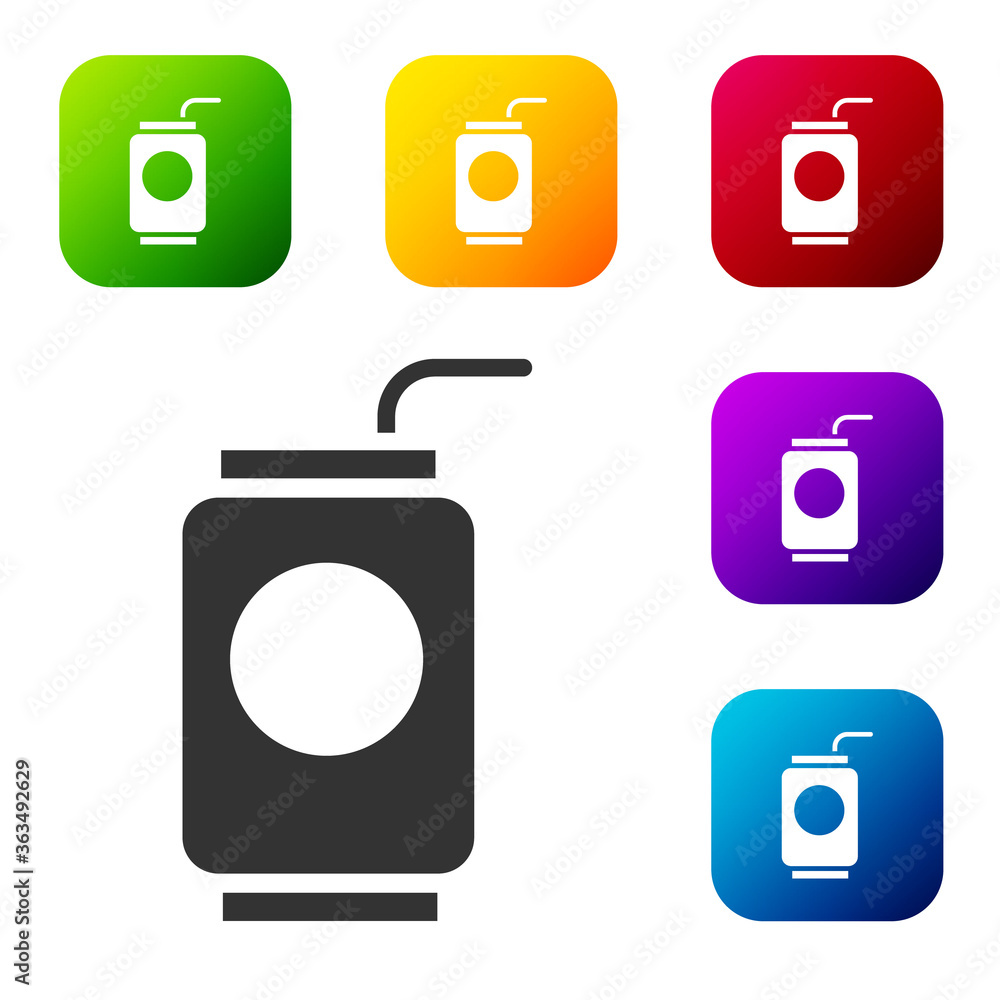 Poster black soda can with drinking straw icon isolated on white background. set icons in color square butt