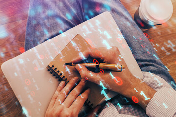 Writing human hands with data theme multi exposure icons.