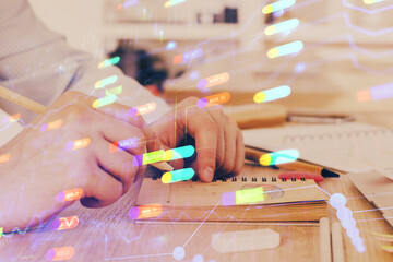 Writing human hands with data theme multi exposure icons.