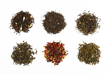 different types of tea scattered on a light gray background. tea shop concept. Isolate tea for designers. top view.