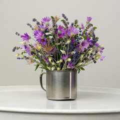 Bouquet of purple wildflowers with lavander and mint in a metal mug on a white and grey background