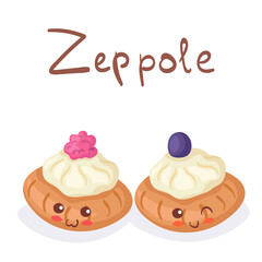 Kawaii vector illustration of Zeppole (traditional Italian doughnuts) dessert isolated on white background. Cute funny & happy character. Cartoon style smiling food mascot for kids menu decoration.