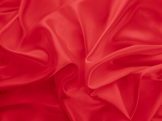 Beautiful elegant wavy hot red satin silk luxury cloth fabric texture, abstract background design. Wallpaper, banner or card with copy space.
