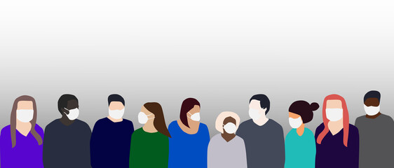 Multiracial People Wearing Ppe Masks for Coronavirus Covid-19 Protection. People in White Medical Face Mask. Concept of Coronavirus Quarantine Vector Illustration. People in Medical Face Mask.