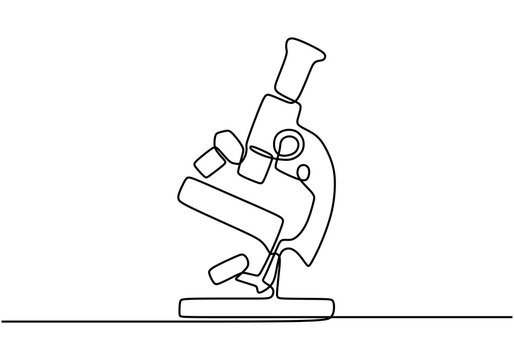 Biological microscope drawn by a single black line on a white background. One-line drawing. Continuous line with minimalist design isolated in one white background.