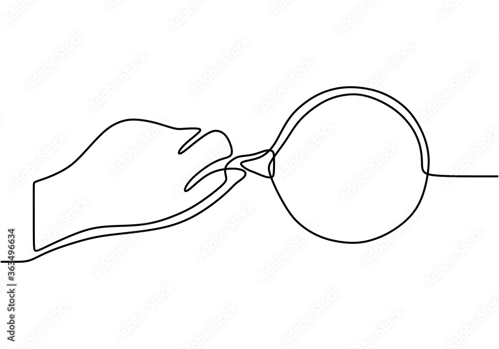 Poster left hand hold magnifier drawn by one line. single line drawing. continuous line with minimalist des