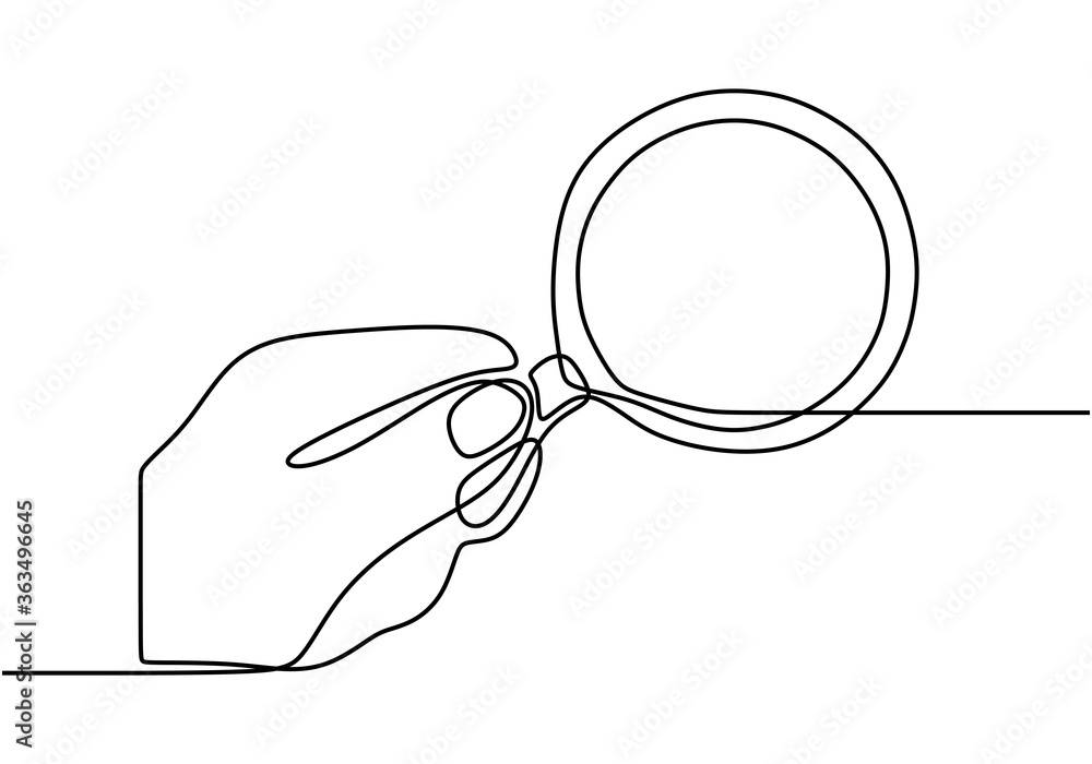 Poster hand hold magnifier drawn by one line. single line drawing. continuous line with minimalist design i