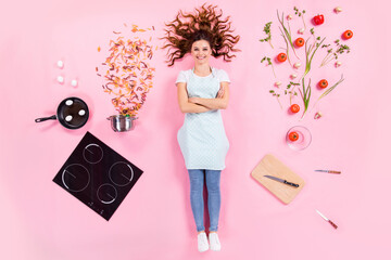 Top above high angle view full length photo of positive restaurant chef girl cross hands ready prepare tasty delicious supper flat lay knife bowl macaroni tomato isolated pastel color