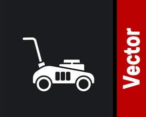 White Lawn mower icon isolated on black background. Lawn mower cutting grass. Vector Illustration.