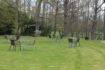 Cafe, restaurant keep distance, green background, covid-19 social distancing concept design. Spring, summer. 