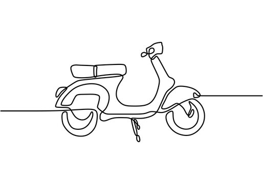 Classic scooter. Continuous one line art classical scooter motorcycle vector illustration isolated on white background. Vintage scooter or vespa motorbike logo. Retro transportation concept.