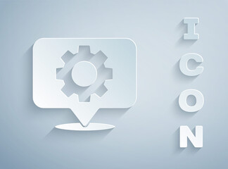 Paper cut Location with gear icon isolated on grey background. Paper art style. Vector Illustration.