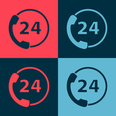 Pop art Telephone 24 hours support icon isolated on color background. All-day customer support call-center. Full time call services. Vector Illustration.