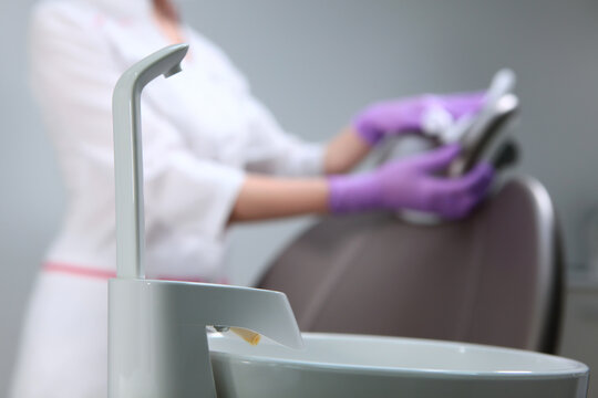 Disinfection in the dental office. Copy of the space. Out of focus. Light background.An unrecognizable photo.