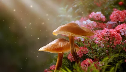  Magical fantasy mushrooms in enchanted fairy tale dreamy elf forest with fabulous fairytale blooming pink rose flower garden on mysterious background and shiny glowing stars and sun rays in morning © julia_arda