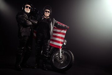 Full size photo of two retired people pensioner woman man cross hands hold us flag enjoy...