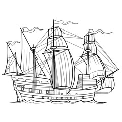 sketch of a sailboat, ship, coloring book, isolated object on a white background, vector illustration,