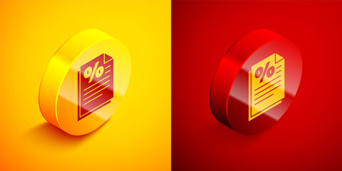 Isometric Finance document icon isolated on orange and red background. Paper bank document for invoice or bill concept. Circle button. Vector Illustration.