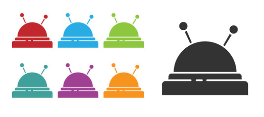 Black Needle bed and needles icon isolated on white background. Handmade and sewing theme. Set icons colorful. Vector Illustration.