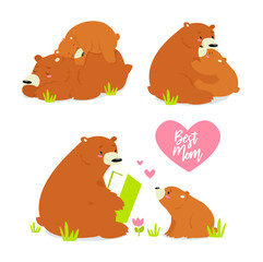 Vector set of illustrations with a family of bears. Mom and baby are sleeping. Mom and baby are hugging. Mom reads to a child. Forest animals. Love, care, happy family. A set of stickers.
