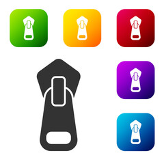 Fototapeta premium Black Zipper icon isolated on white background. Set icons in color square buttons. Vector Illustration.