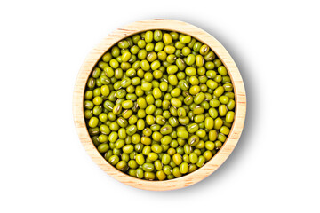 Closeup green mung beans in wooden bowl isolated on white background with clipping path. Top view. Flat lay.