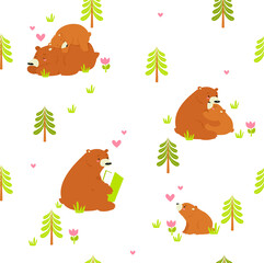 Vector seamless background with cartoon bears in the forest. Forest pattern. Forest animals. Family, mom, baby. Tender background. Love, caring. Mom and baby are sleeping, mom is reading a book
