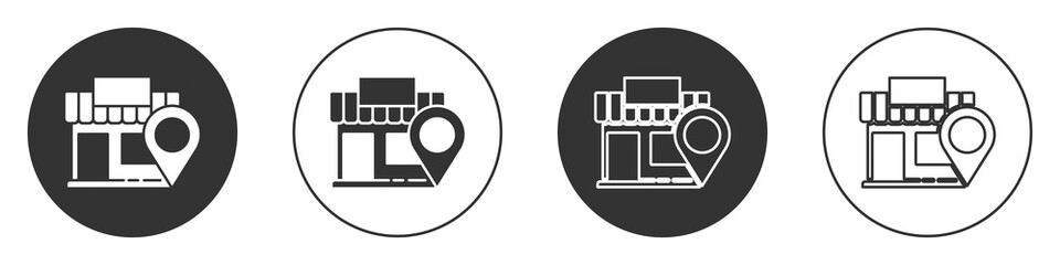 Black Location with store icon isolated on white background. Circle button. Vector Illustration.