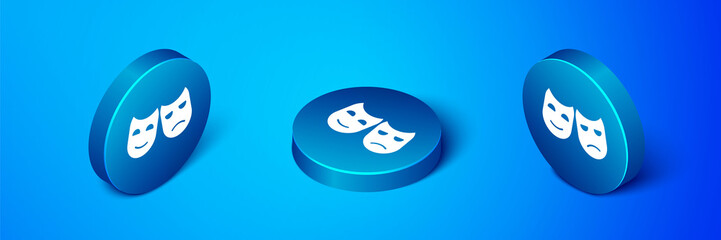 Isometric Comedy and tragedy theatrical masks icon isolated on blue background. Blue circle button. Vector Illustration.