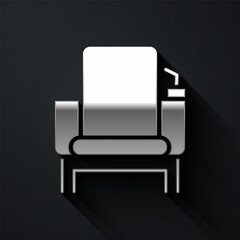 Silver Cinema chair icon isolated on black background. Long shadow style. Vector Illustration.