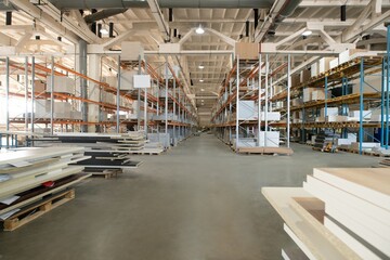 Nobody in huge storage warehouse interior on factory