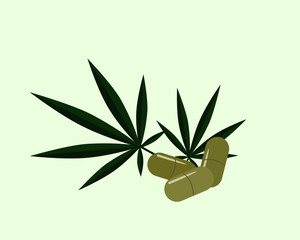 Fresh organic cannabis green leaf  with natural hemp medicine capsule pill. Medical marijuana , herbal medicine plant, narcotic drug addict concept. Vector illustration.